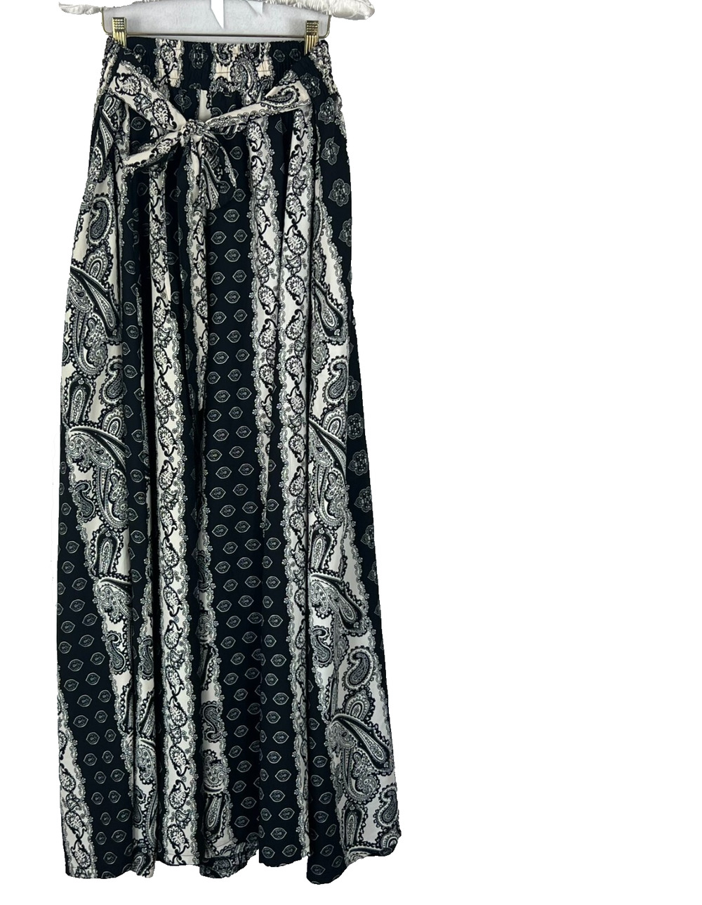 Cleo Apparel Palazzo Pants Women's One Size Plus Belted Black White Paisley